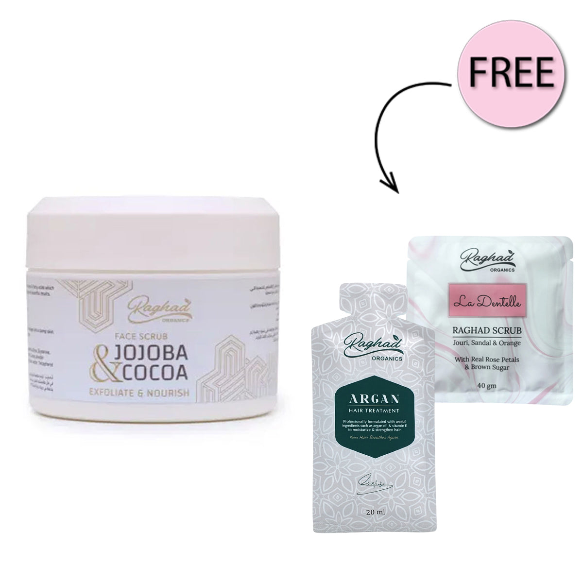 Raghad Organics Jojoba & Cocoa Scrub 250ml + Free La Dentelle Scrub 40g + Free Argan Hair Treatment 20ml